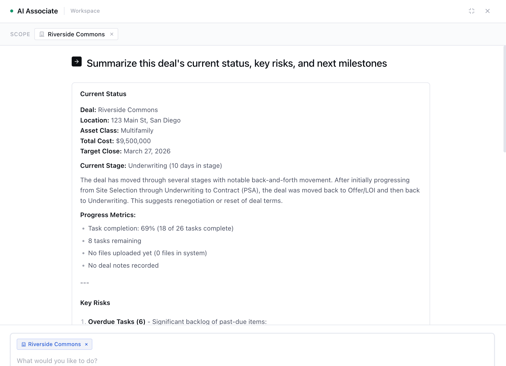MotionCRE AI Associate summarizing deal status, risks, and next milestones