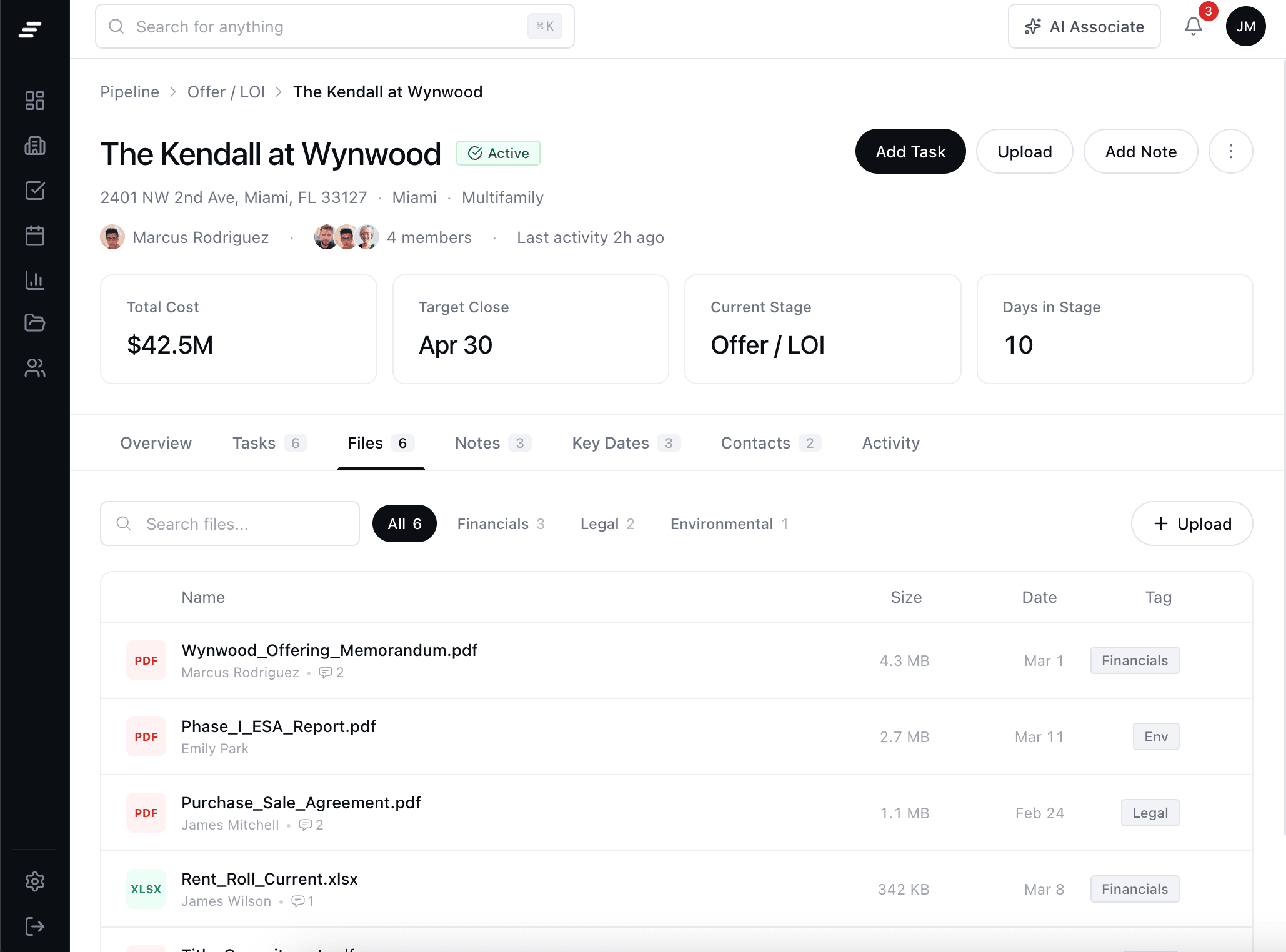 MotionCRE deal workspace showing files, tasks, contacts, and activity in one place